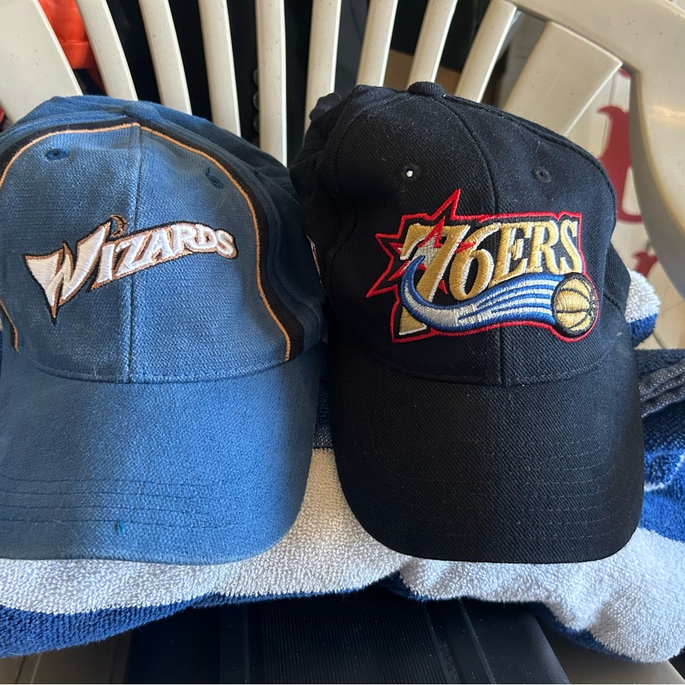 Wizards / 76ers old school hats , never worn before just had hanging up on wall.